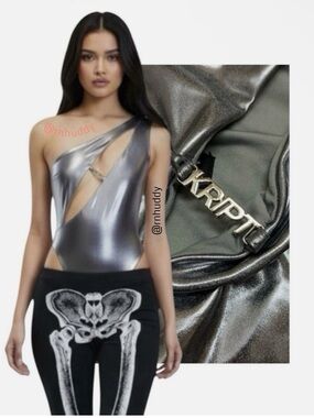 THE KRIPT Metallic Silver One-Shoulder Cutout Bodysuit